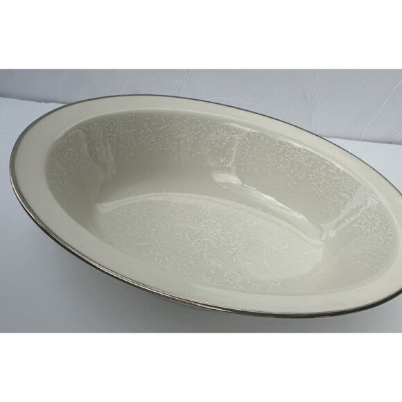 Noritake Affection Oval Serving Bowl 10” Ivory Floral Silver Trim Vintage 7192 - Picture 1 of 10